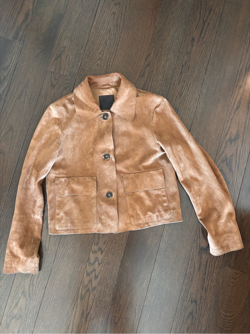 Mango Cropped Suede Jacket in Cognac Brown